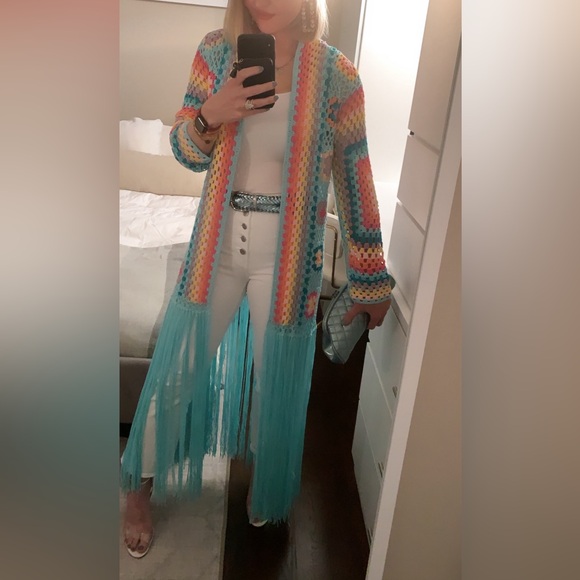 N1 Los Angeles crochet sweater fringe duster blue - Picture 11 of 11